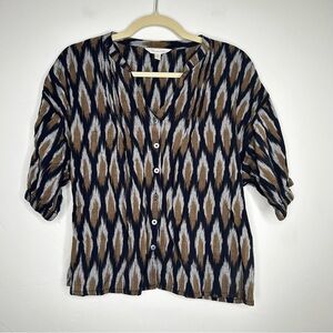 Garnet Hill Navy Tan Ikat Blouse Top 100% Cotton Puff Sleeve Size Small Spring
